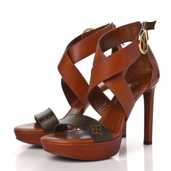Louis Vuitton Horizon Heeled Sandals Monogram Leather Platform Logo Strap 39.5 - Picture 1 of 9